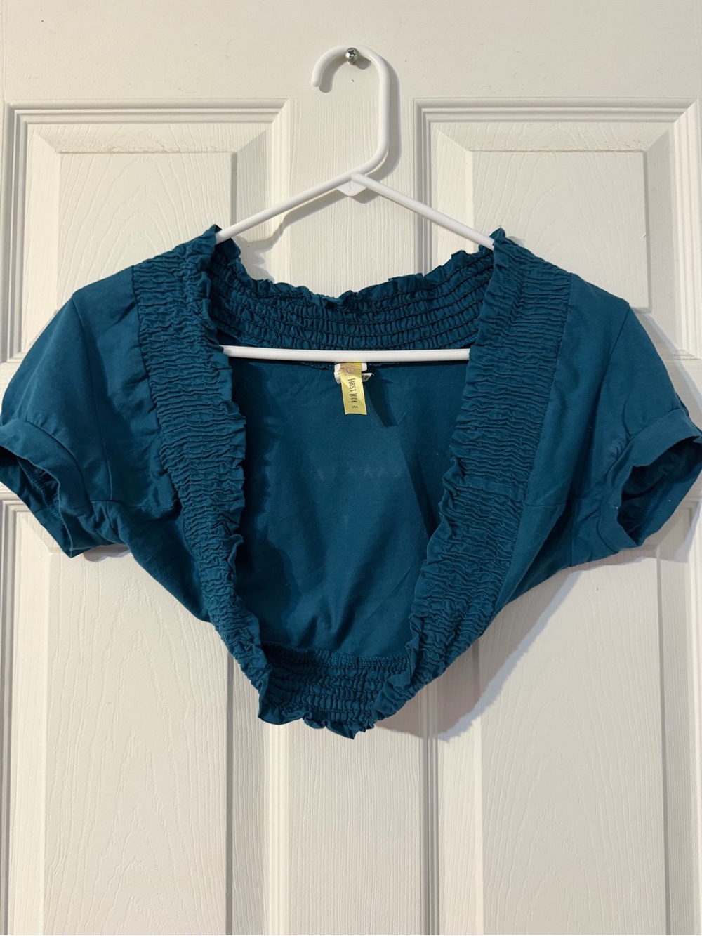 Women’s First Look Short Sleeve Teal Cropped Bolero Smock Ruffle Trim Sz Large